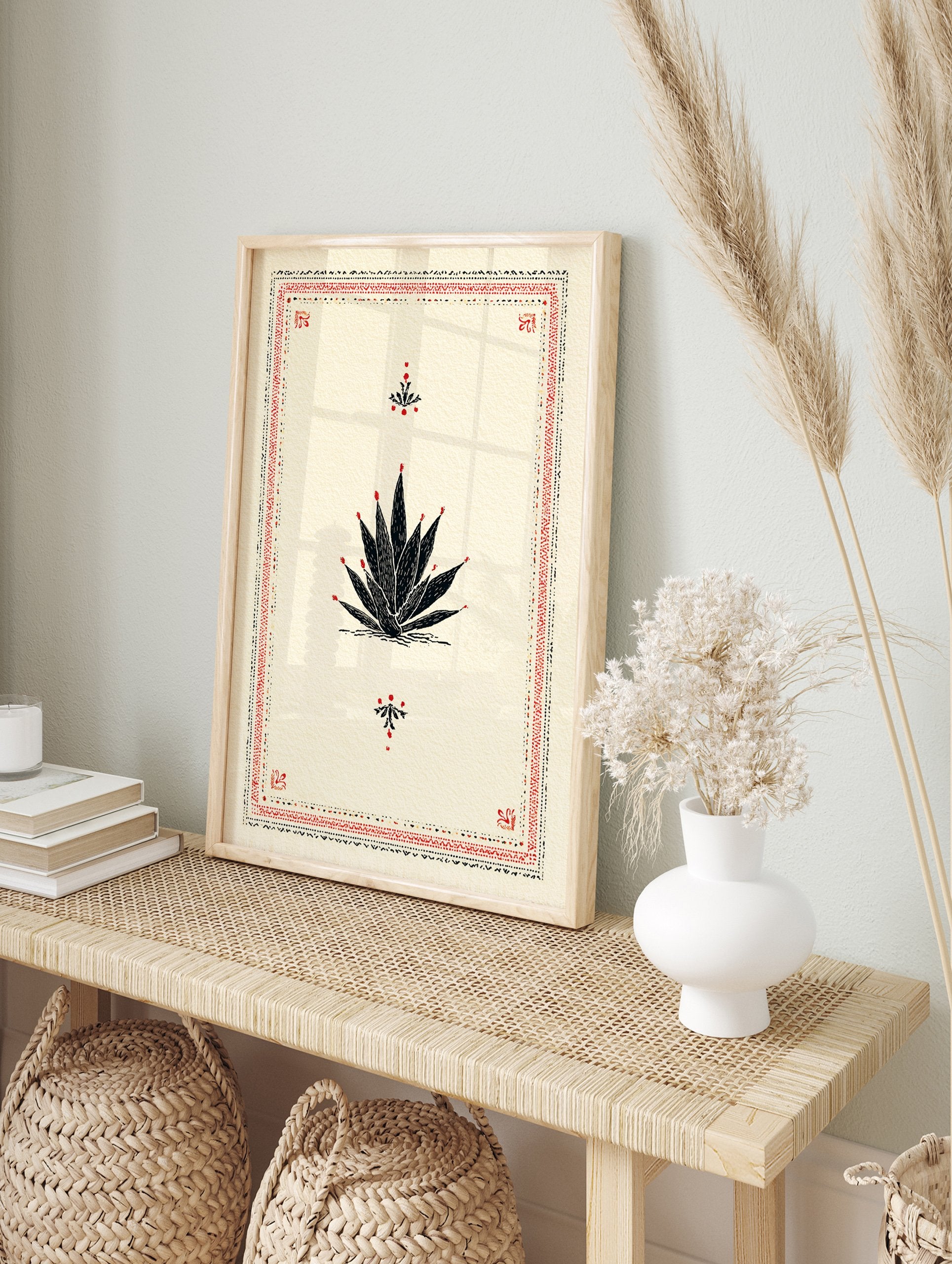 Black and red agave plant illustration poster with a decorative folk art border on a cream background. - Image 4