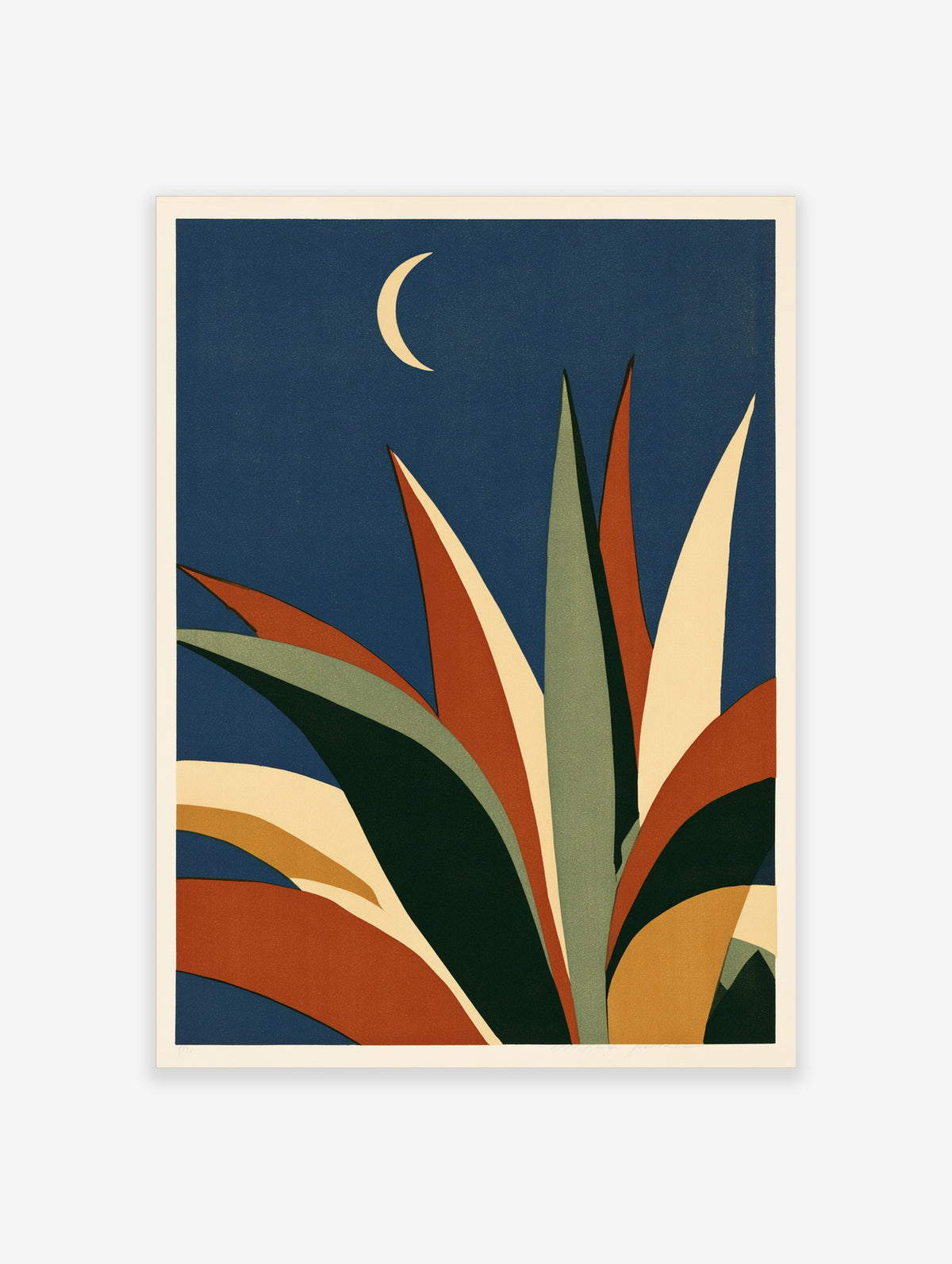 Abstract agave plant illustration with orange and green leaves against a dark blue sky with a crescent moon