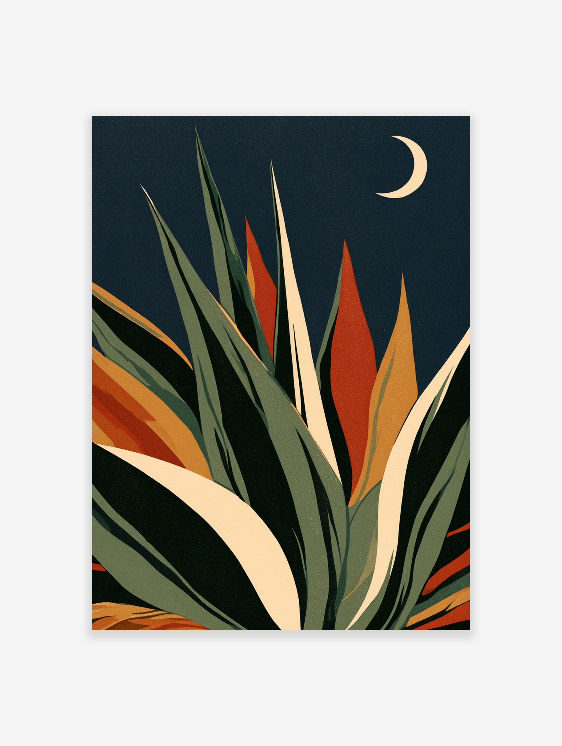 Stylised agave succulent plant illustration with green and orange leaves against a navy background and crescent moon
