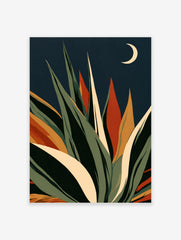 Stylised agave succulent plant illustration with green and orange leaves against a navy background and crescent moon