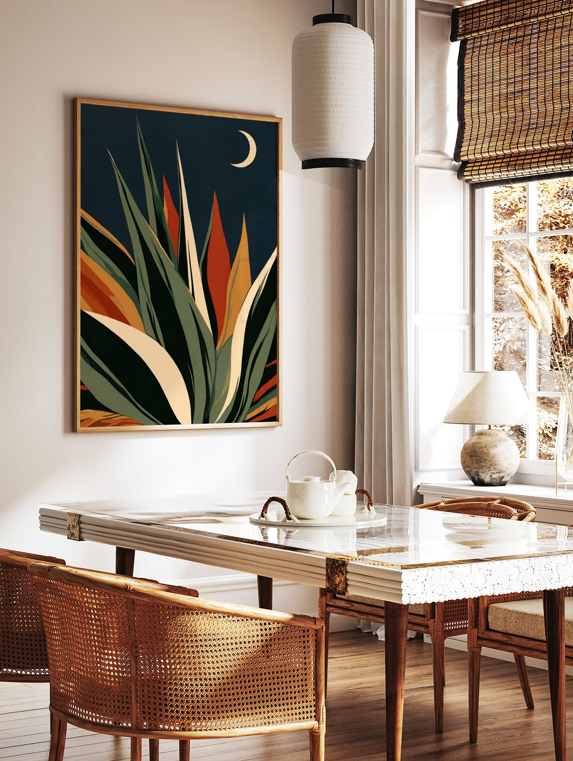 Stylised agave succulent plant illustration with green and orange leaves against a navy background, in a styled room mockup