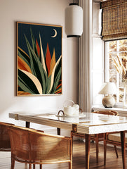 Stylised agave succulent plant illustration with green and orange leaves against a navy background, in a styled room mockup