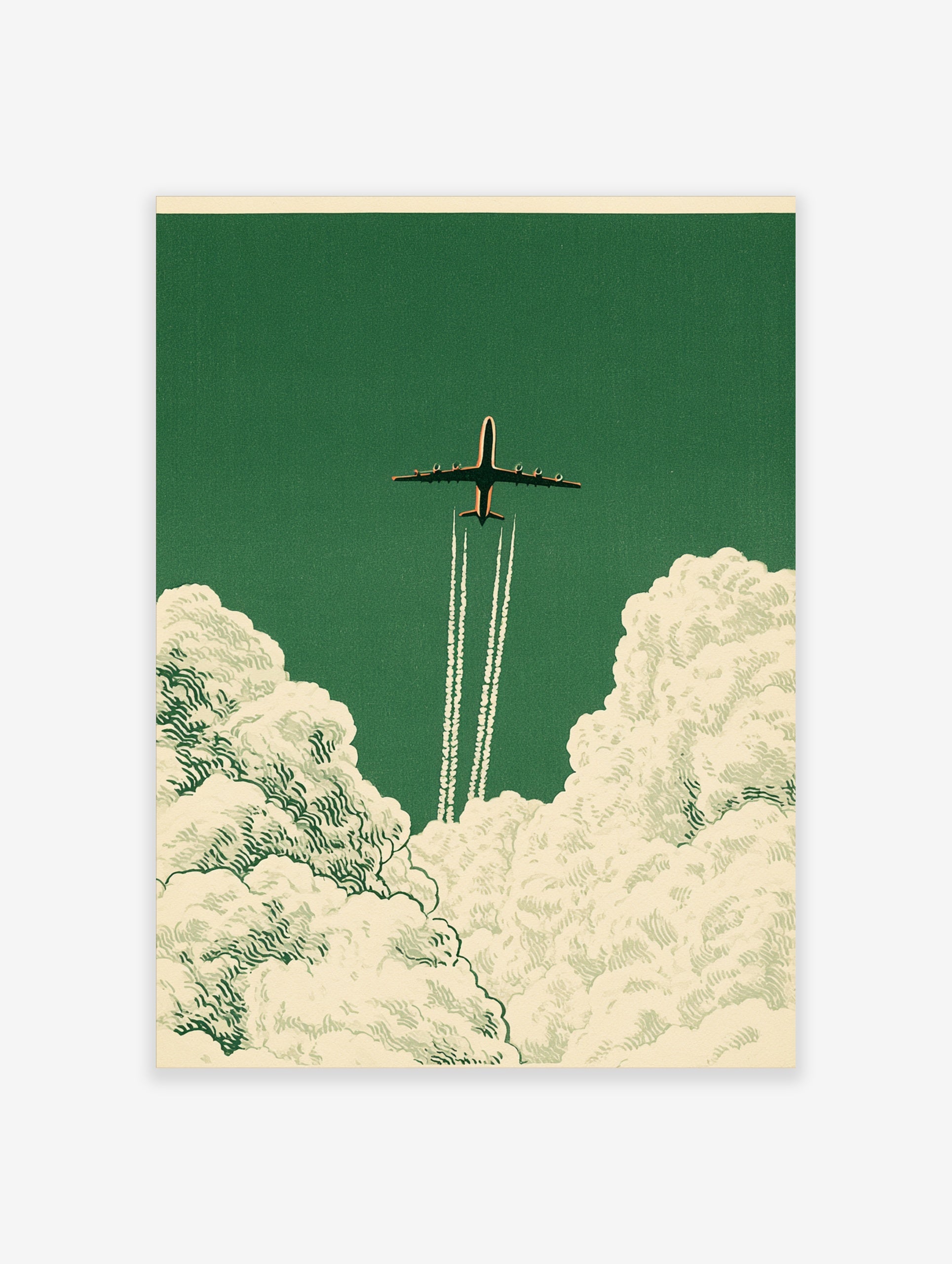 Vintage style airplane art print soaring through clouds on a deep green background