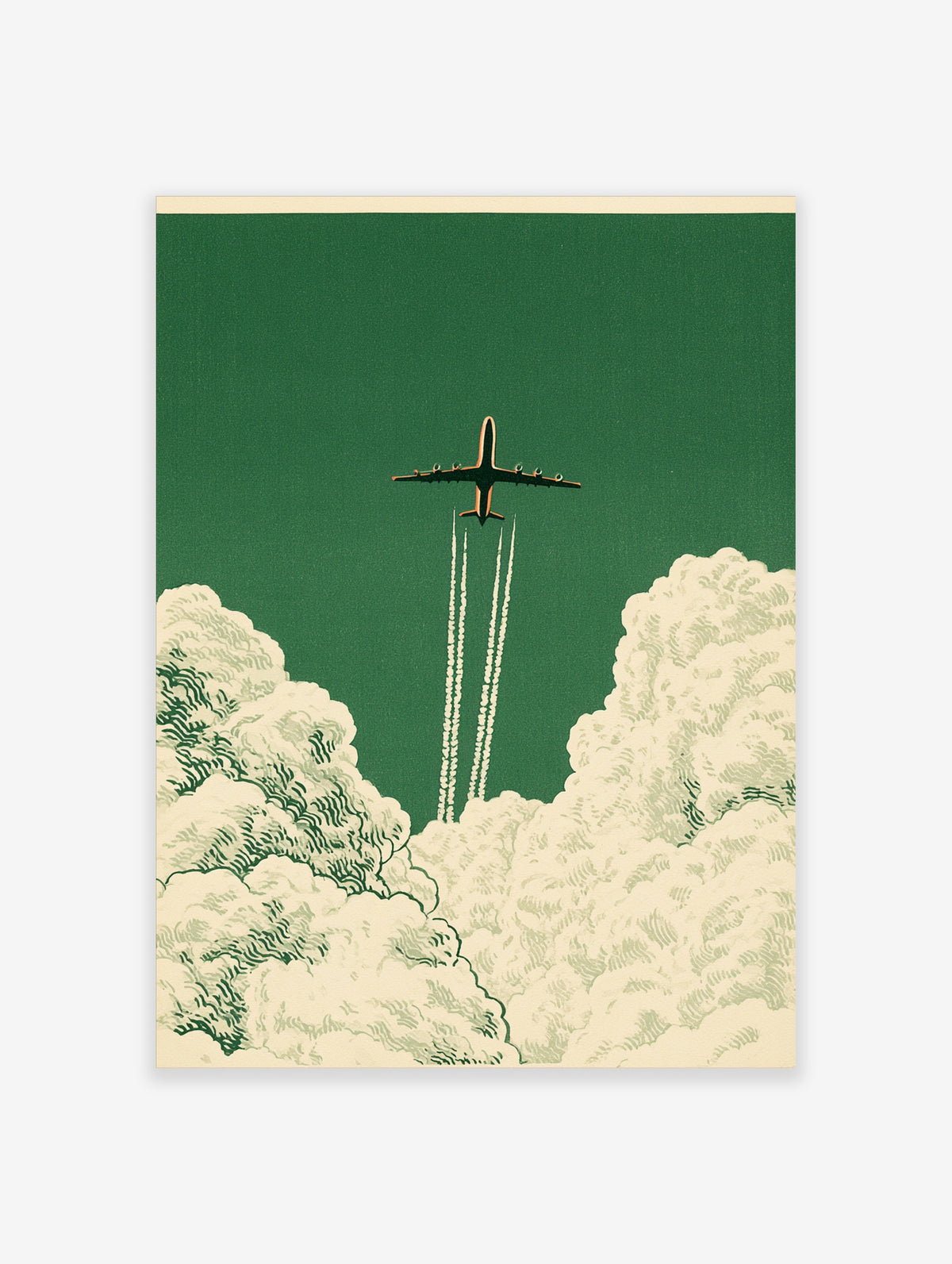 Vintage style airplane art print soaring through clouds on a deep green background