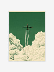 Vintage style airplane art print soaring through clouds on a deep green background