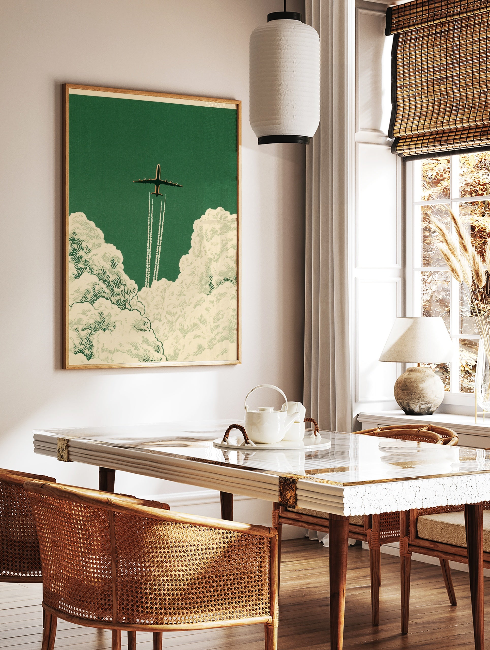 Vintage style airplane art print soaring through clouds on a deep green background, in a styled room mockup
