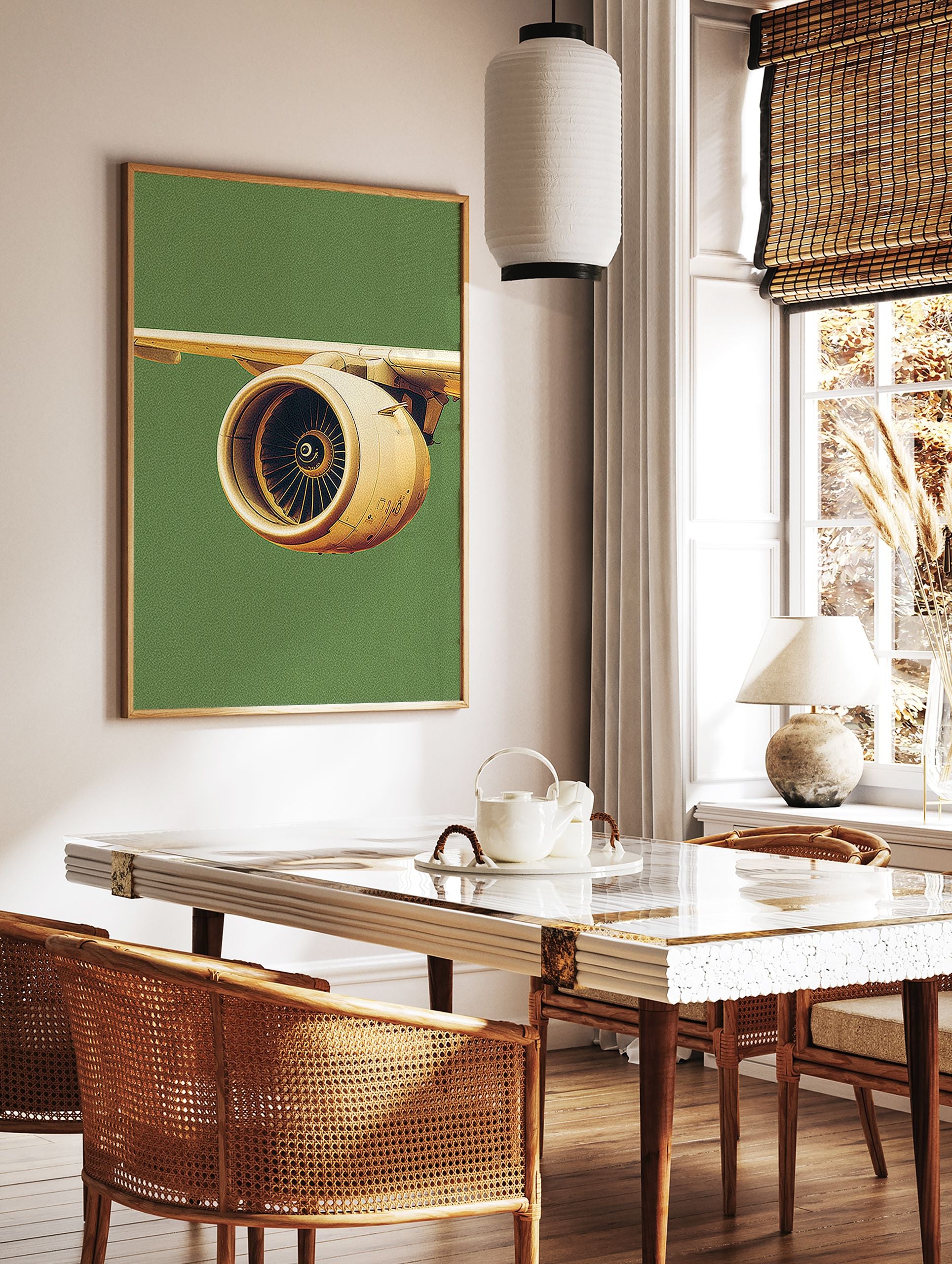 Close-up of a detailed airplane engine and wing against a green background, featuring a modern aviation art print. - Image 2