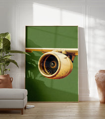 Close-up of a detailed airplane engine and wing against a green background, featuring a modern aviation art print. - Image 3