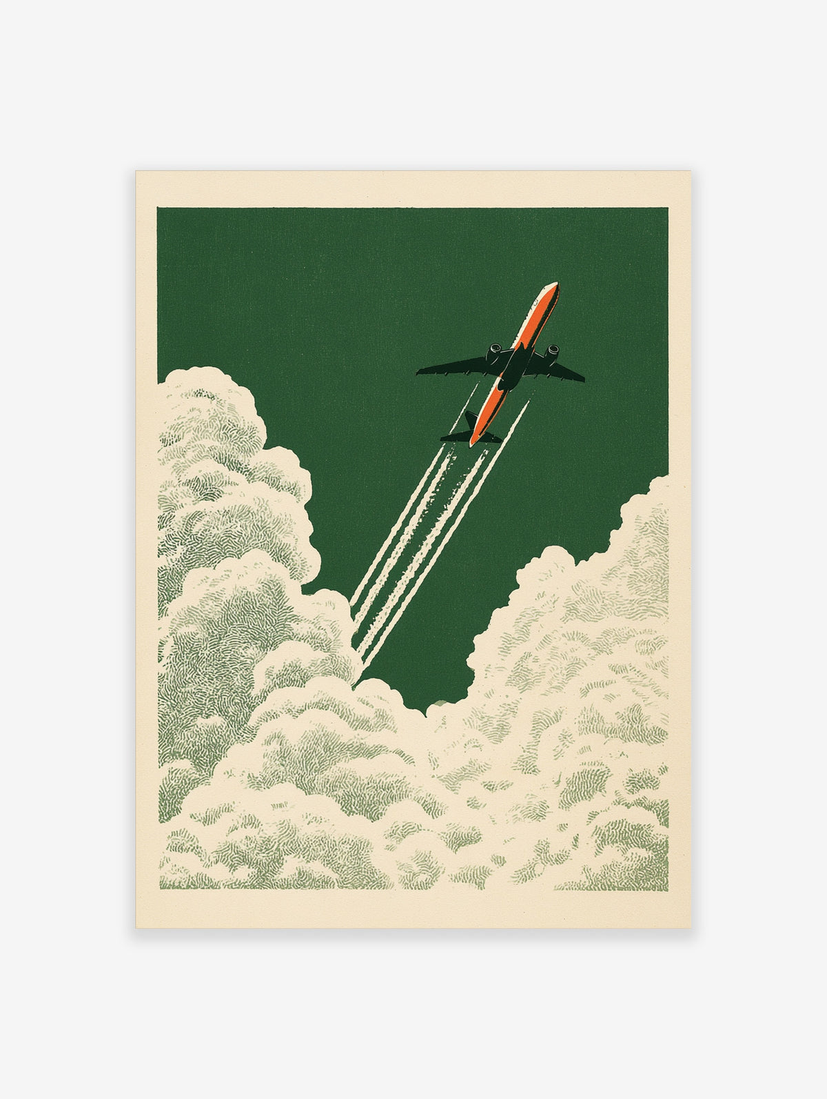 Retro aviation poster art featuring an orange airplane flying through white clouds on a green background