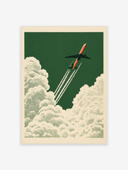 Retro aviation poster art featuring an orange airplane flying through white clouds on a green background
