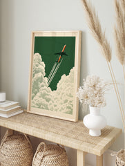 Retro aviation poster art featuring an orange airplane flying through white clouds on a green, in an alternate framed mockup