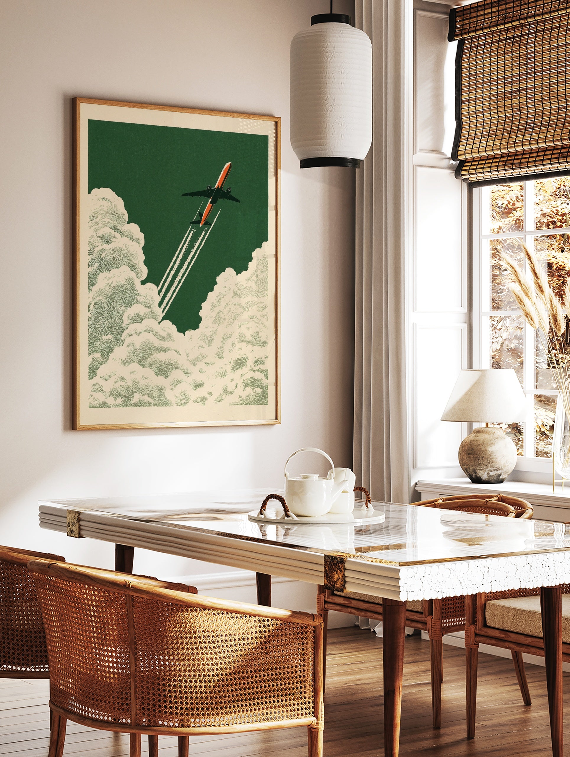 Retro aviation poster art featuring an orange airplane flying through white clouds on a green, in a styled room mockup