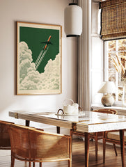 Retro aviation poster art featuring an orange airplane flying through white clouds on a green, in a styled room mockup
