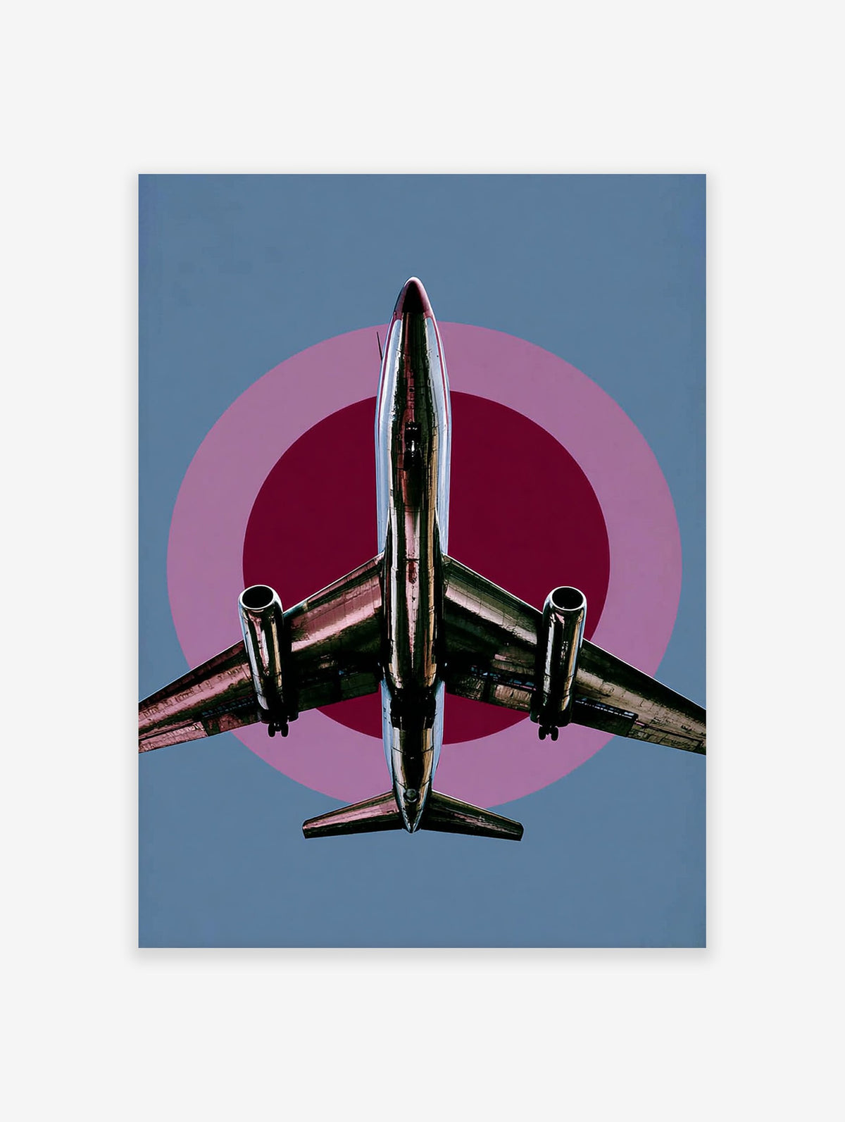 Modern airplane poster with a silver jet flying upwards against a blue sky with pink and burgundy target circles.