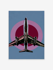 Modern airplane poster with a silver jet flying upwards against a blue sky with pink and burgundy target circles.