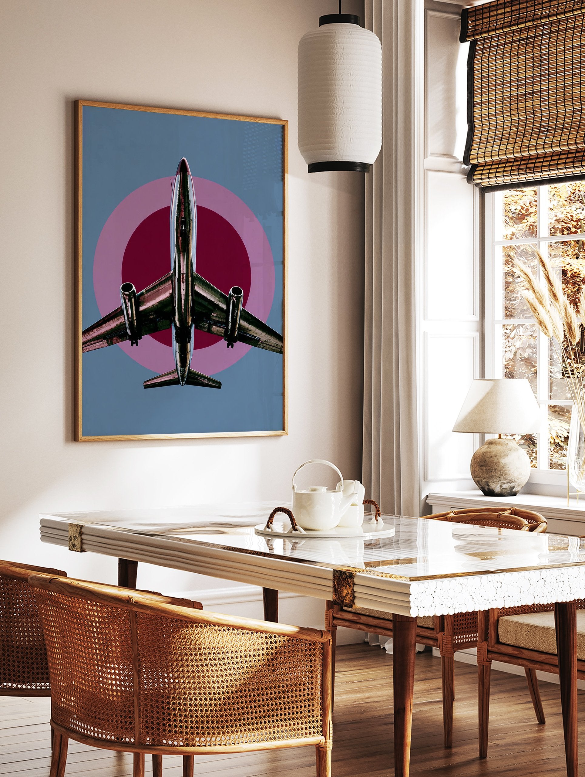 Modern airplane poster with a silver jet flying upwards against a blue sky with pink and burgundy target circles. - Image 2