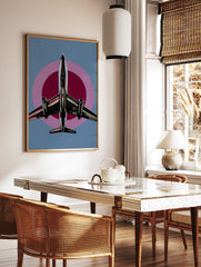 Modern airplane poster with a silver jet flying upwards against a blue sky with pink and burgundy target circles. - Image 2