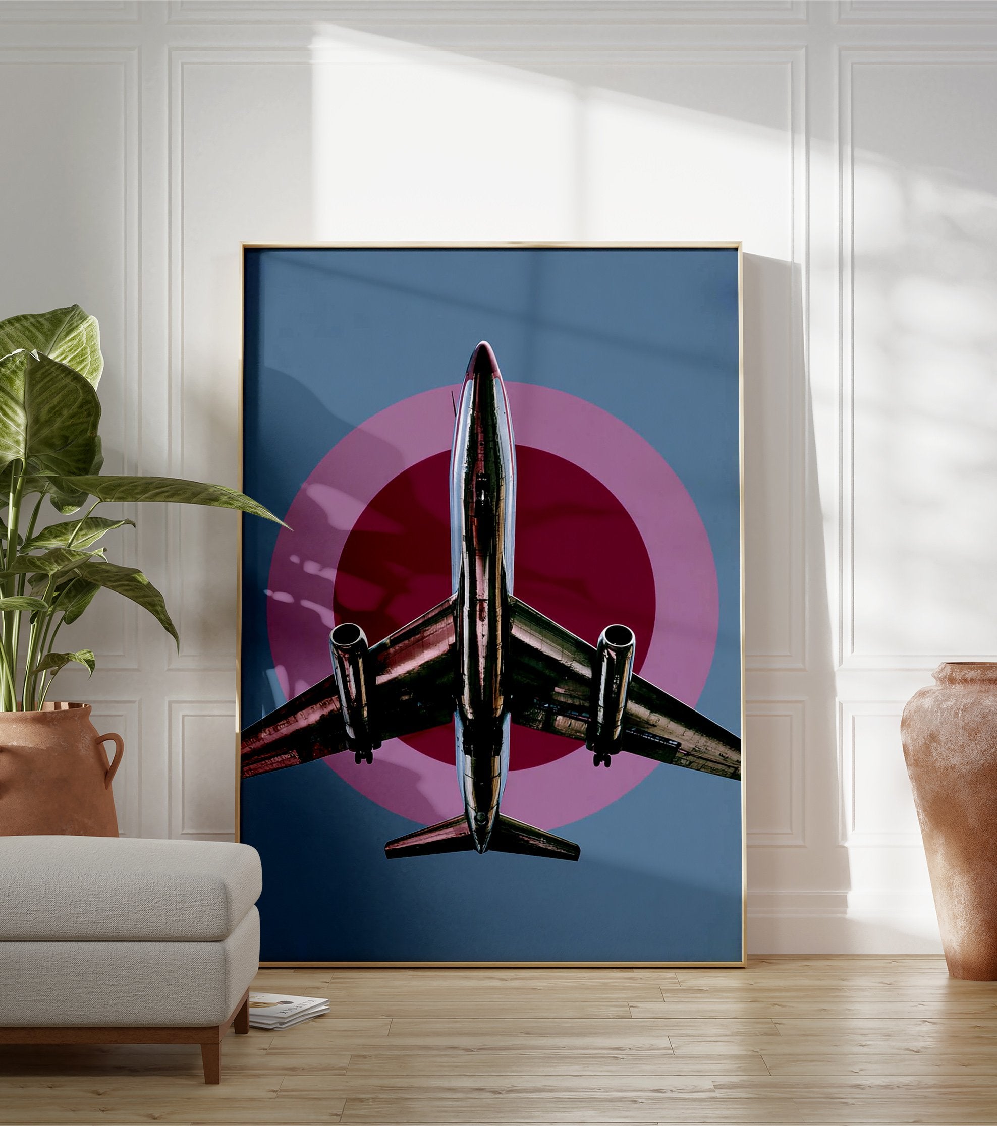 Modern airplane poster with a silver jet flying upwards against a blue sky with pink and burgundy target circles. - Image 3