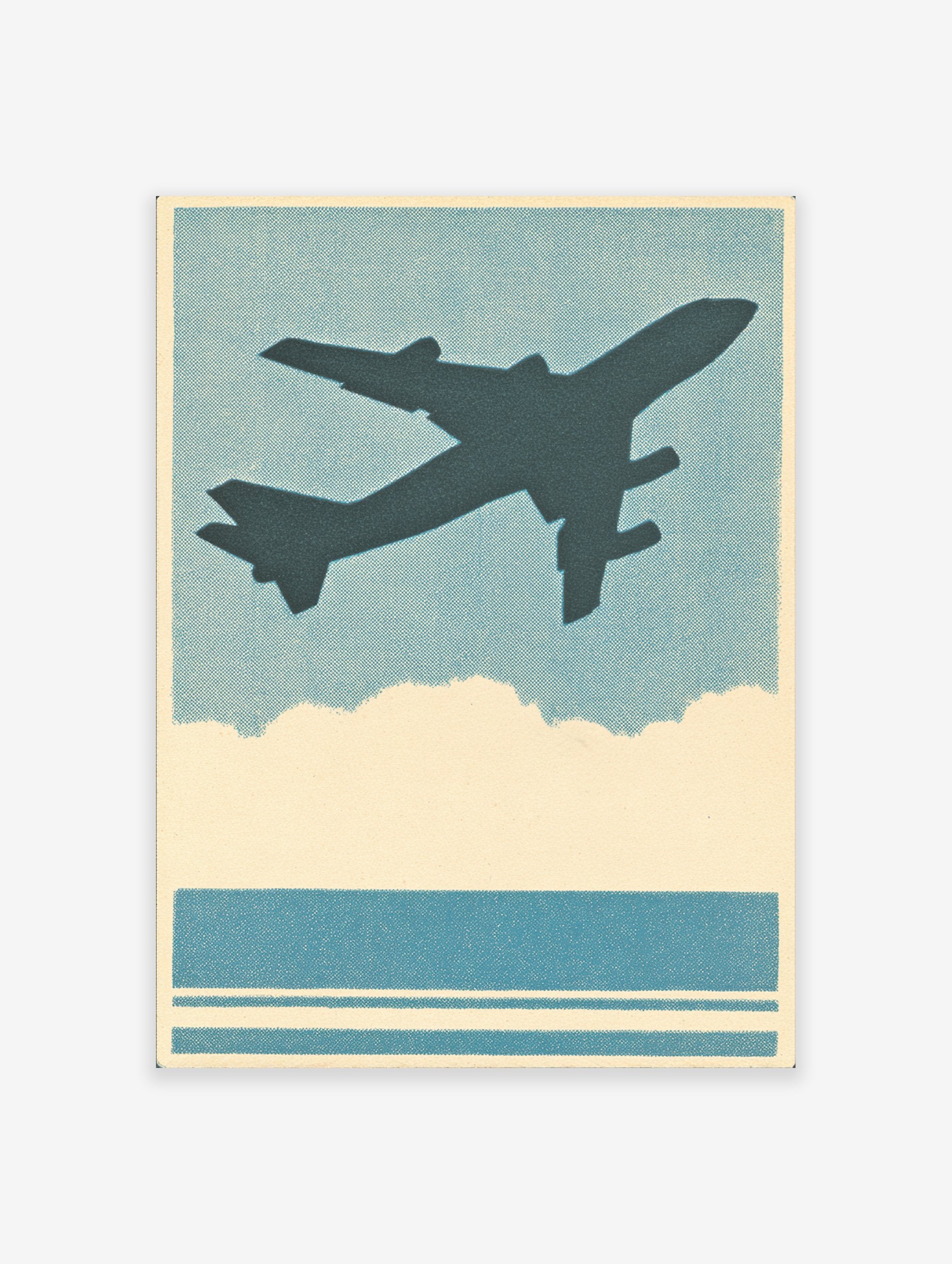 Vintage airplane poster featuring a dark silhouette of a plane flying in a blue sky above clouds and water, with a halftone texture.