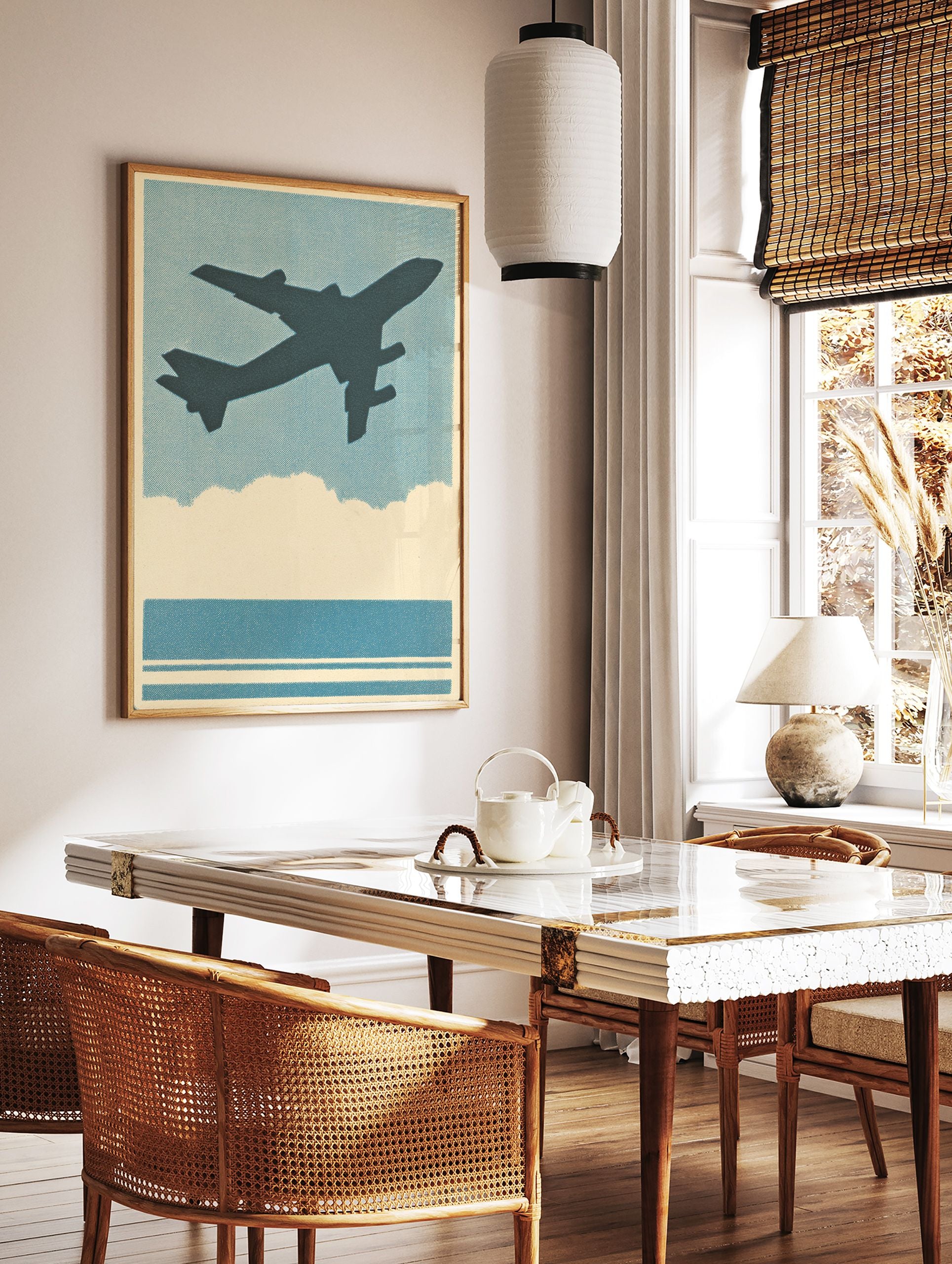 Vintage airplane poster featuring a dark silhouette of a plane flying in a blue sky above clouds and water, with a halftone texture. - Image 2