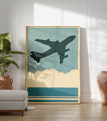 Vintage airplane poster featuring a dark silhouette of a plane flying in a blue sky above clouds and water, with a halftone texture. - Image 3