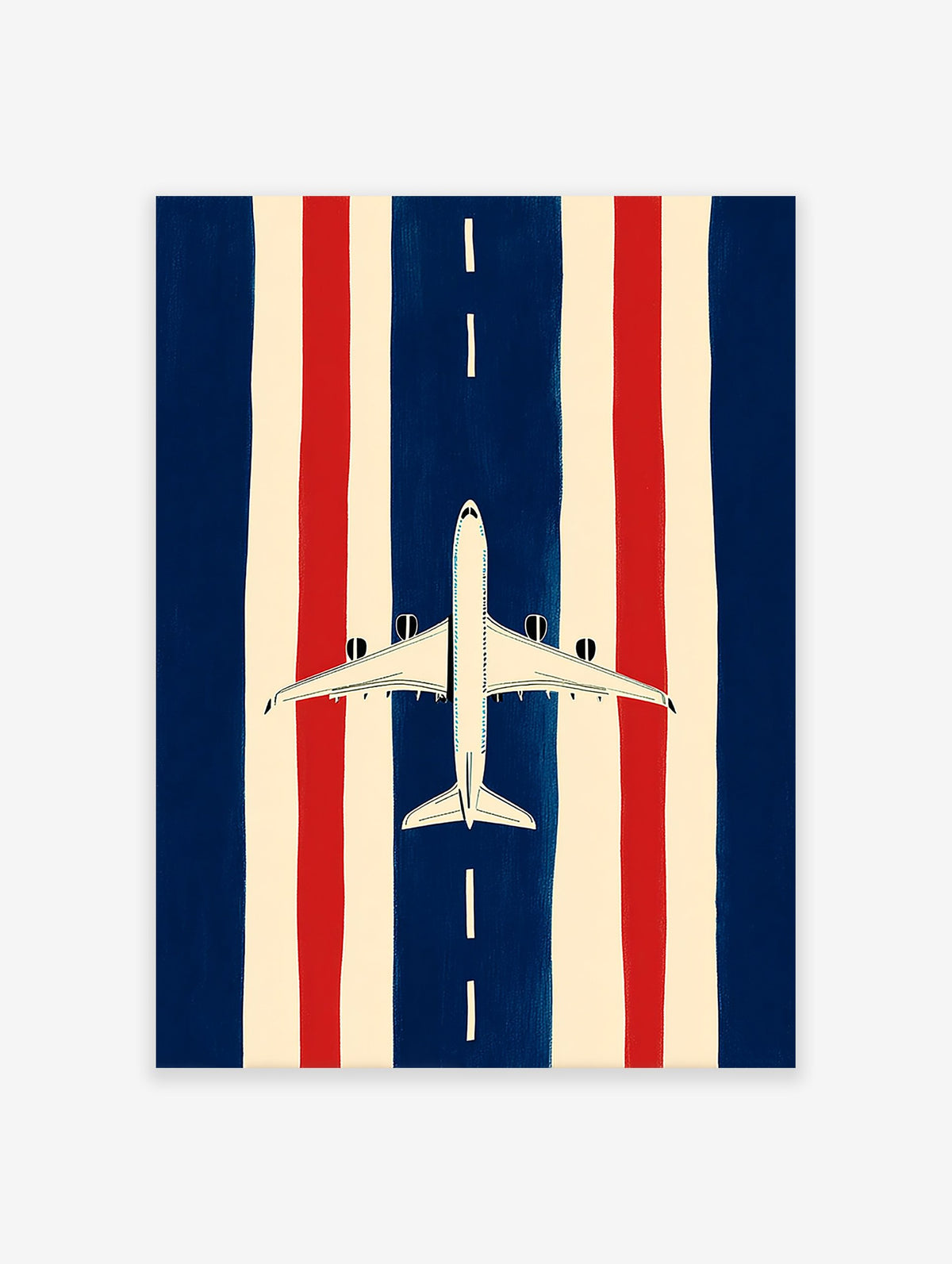 Minimalist airplane runway poster with a white plane on a blue runway, flanked by red and cream vertical stripes.