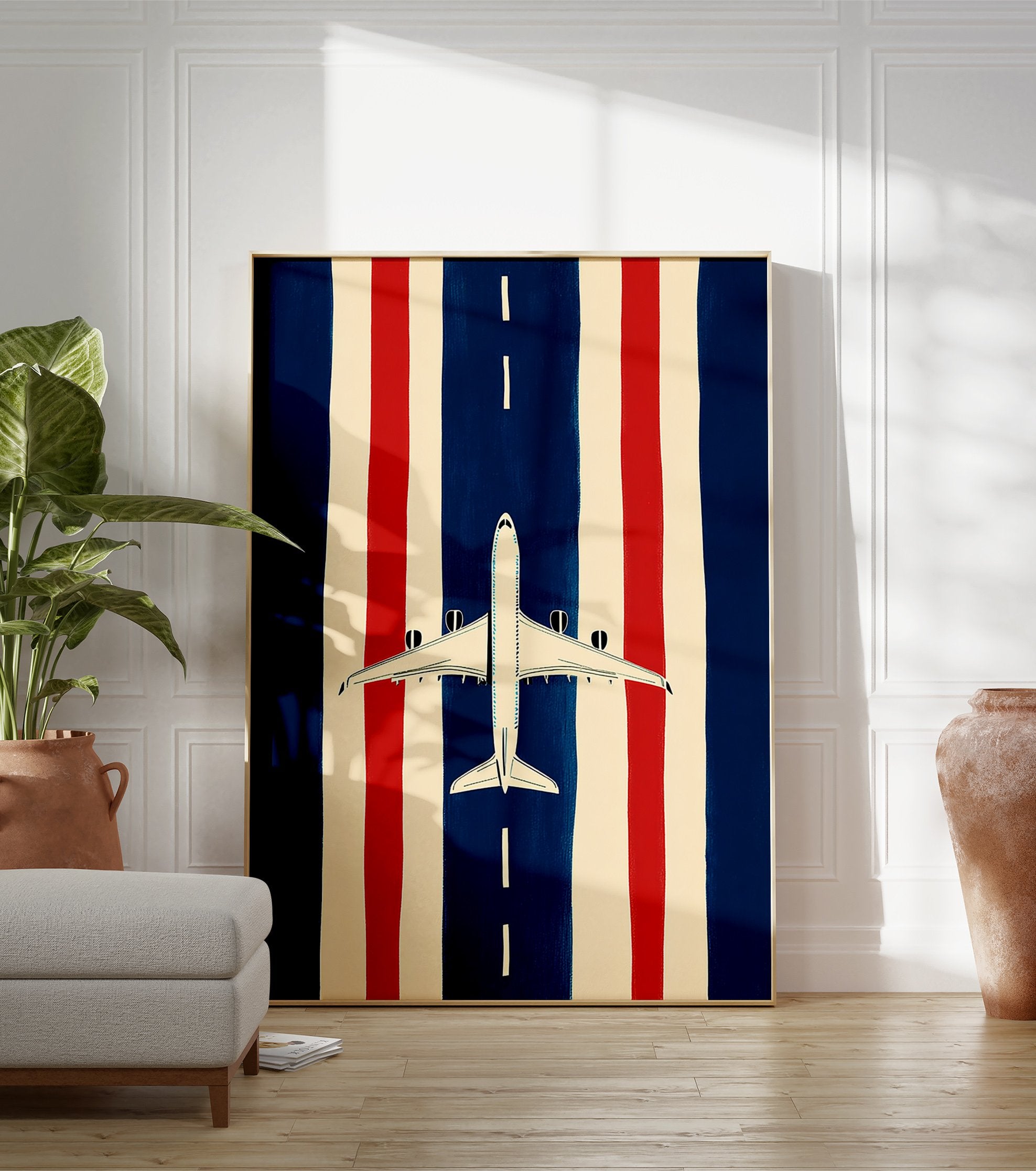 Minimalist airplane runway poster with a white plane on a blue runway, flanked by red and cream vertical stripes. - Image 3