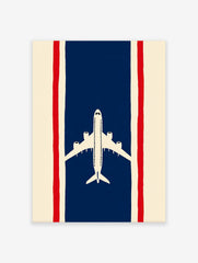 Minimalist airplane travel poster with a white plane on a blue stripe flanked by red and cream stripes, like the Thai flag.