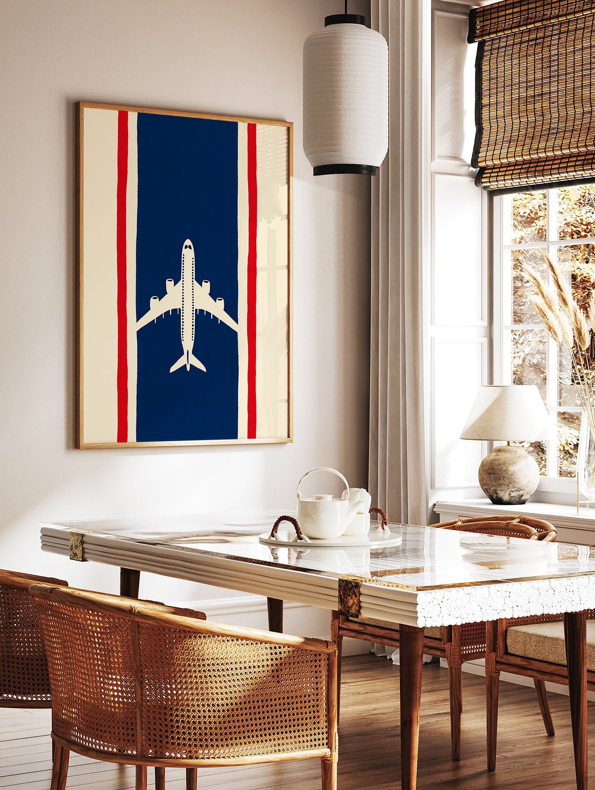 Minimalist airplane travel poster with a white plane on a blue stripe flanked by red and cream stripes, like the Thai flag. - Image 2
