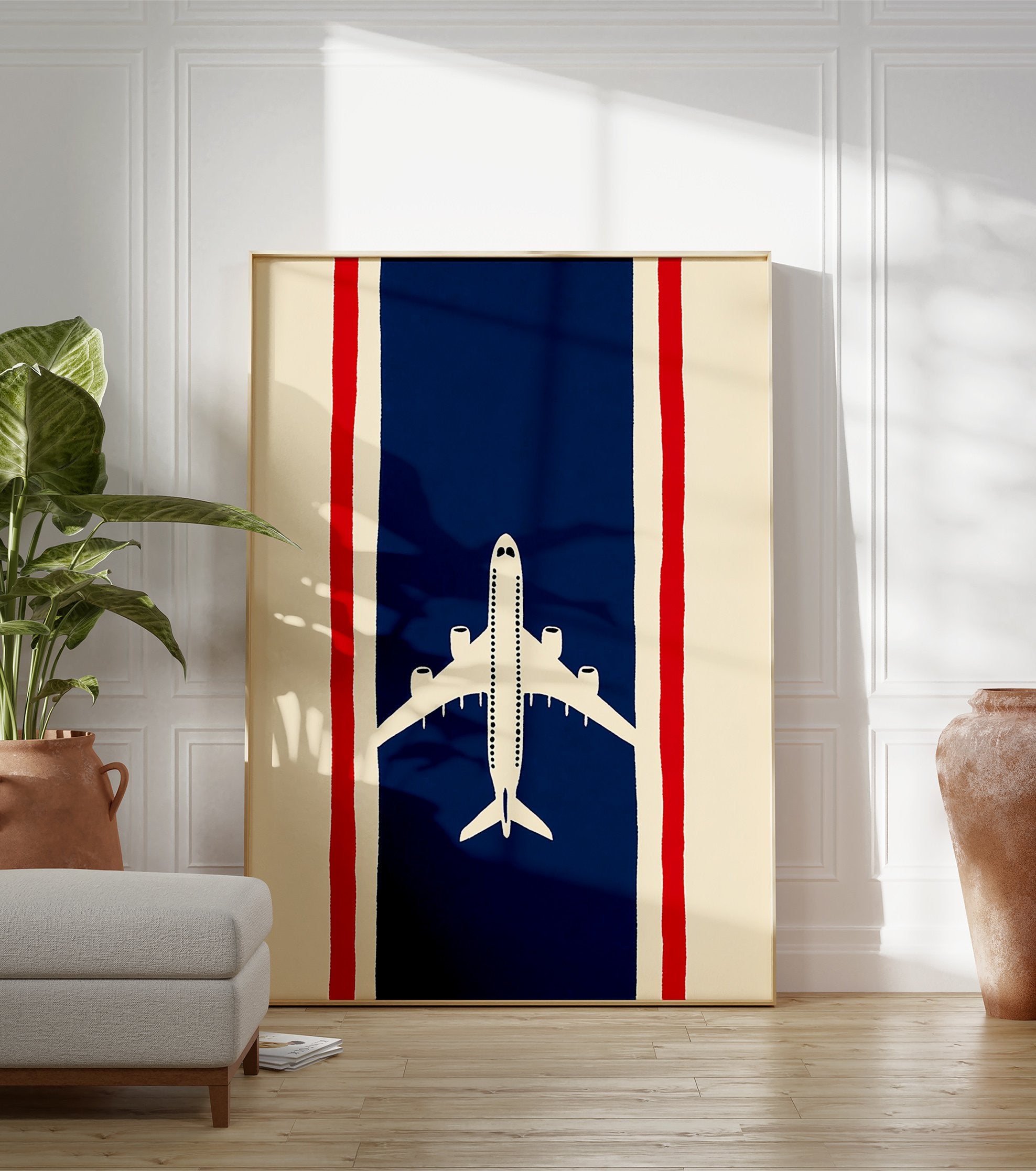 Minimalist airplane travel poster with a white plane on a blue stripe flanked by red and cream stripes, like the Thai flag. - Image 3