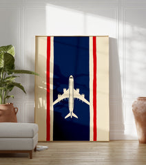 Minimalist airplane travel poster with a white plane on a blue stripe flanked by red and cream stripes, like the Thai flag. - Image 3
