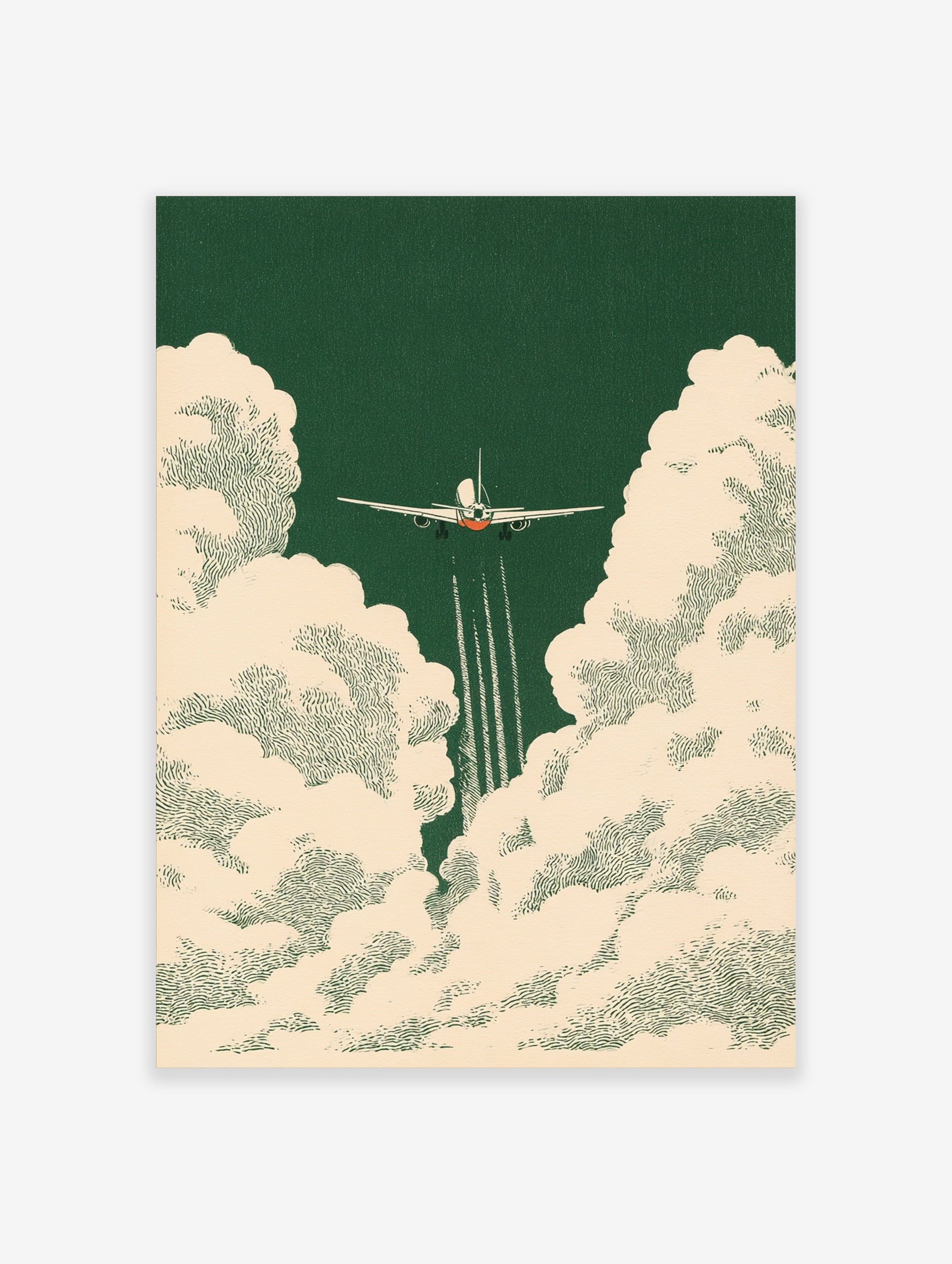 Airplane ascending through textured cream clouds on a deep forest green background, vintage aviation illustration