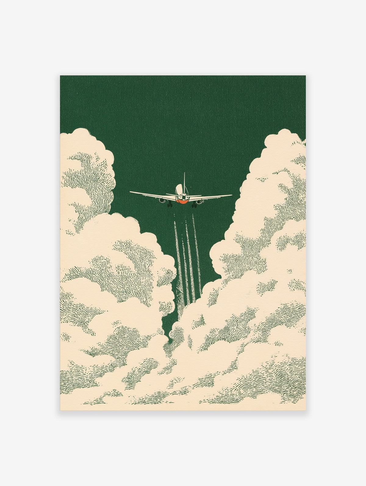 Airplane ascending through textured cream clouds on a deep forest green background, vintage aviation illustration