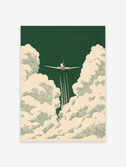 Airplane ascending through textured cream clouds on a deep forest green background, vintage aviation illustration