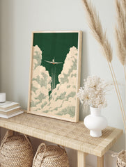 Airplane ascending through textured cream clouds on a deep forest green background, vintage, in an alternate framed mockup