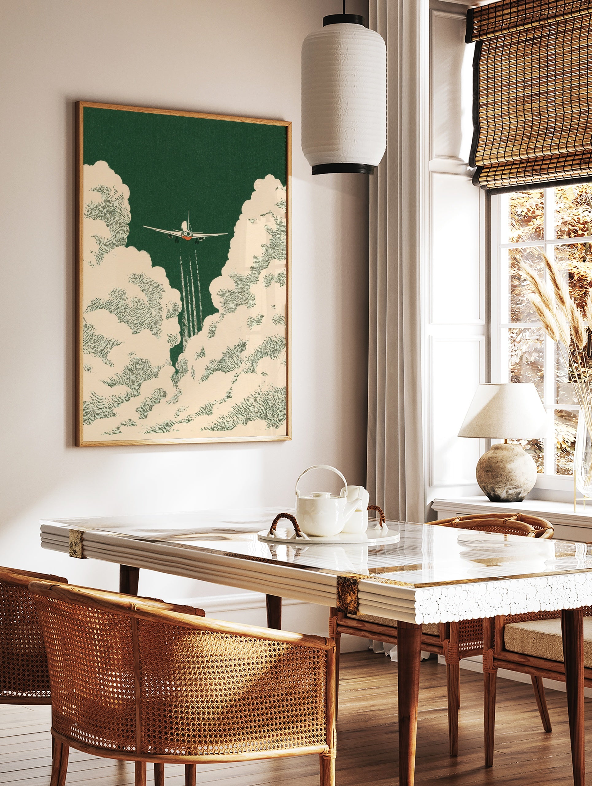 Airplane ascending through textured cream clouds on a deep forest green background, vintage, in a styled room mockup