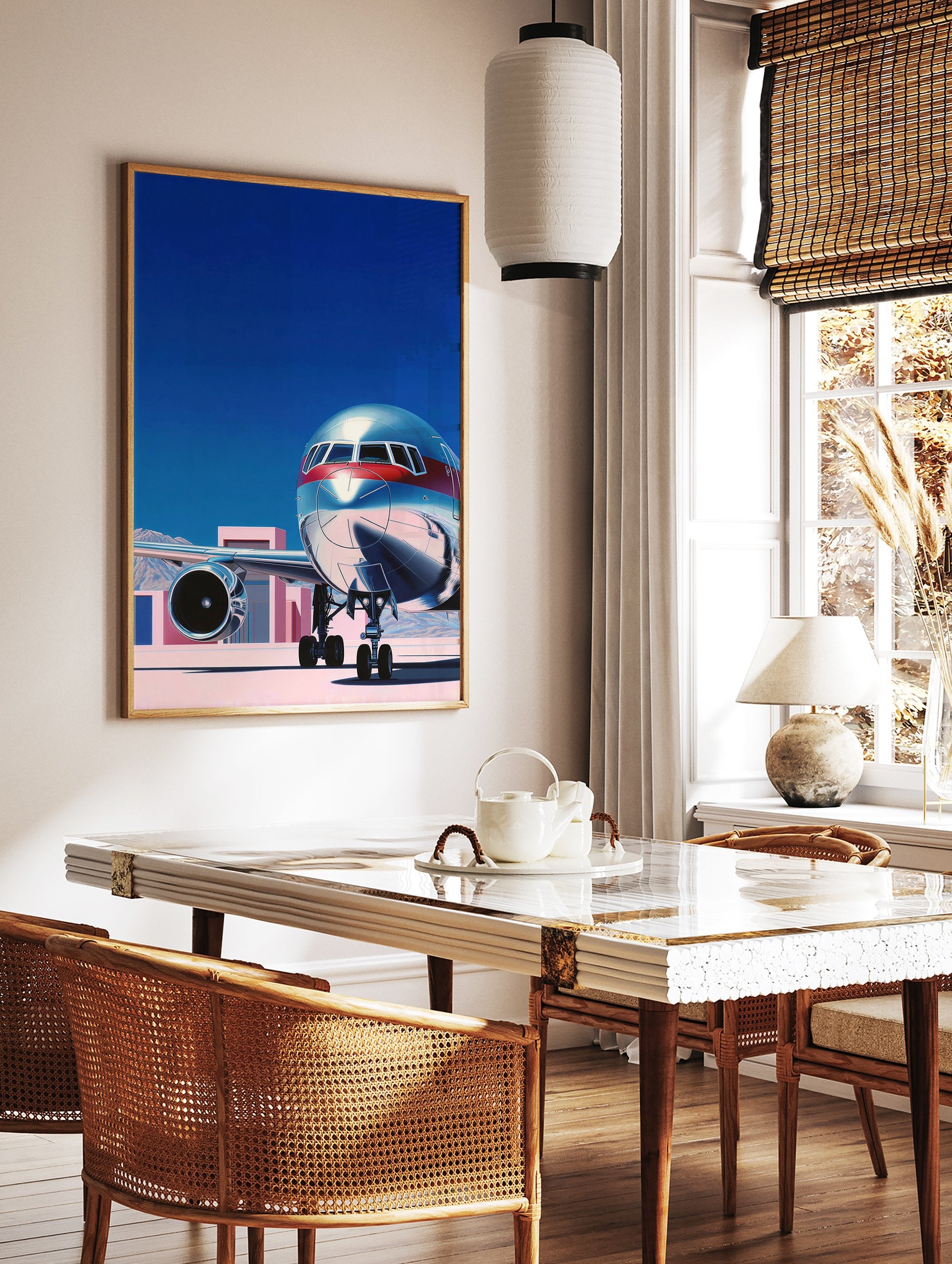 Modern airplane wall art print with a silver and red jet on a tarmac under a blue sky, featuring pink buildings. - Image 2