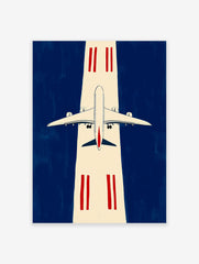 Modern airplane wall art print showing a white jet on a cream runway with red markings against a deep blue background.
