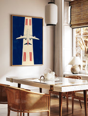 Modern airplane wall art print showing a white jet on a cream runway with red markings against a deep blue background. - Image 2