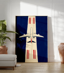 Modern airplane wall art print showing a white jet on a cream runway with red markings against a deep blue background. - Image 3