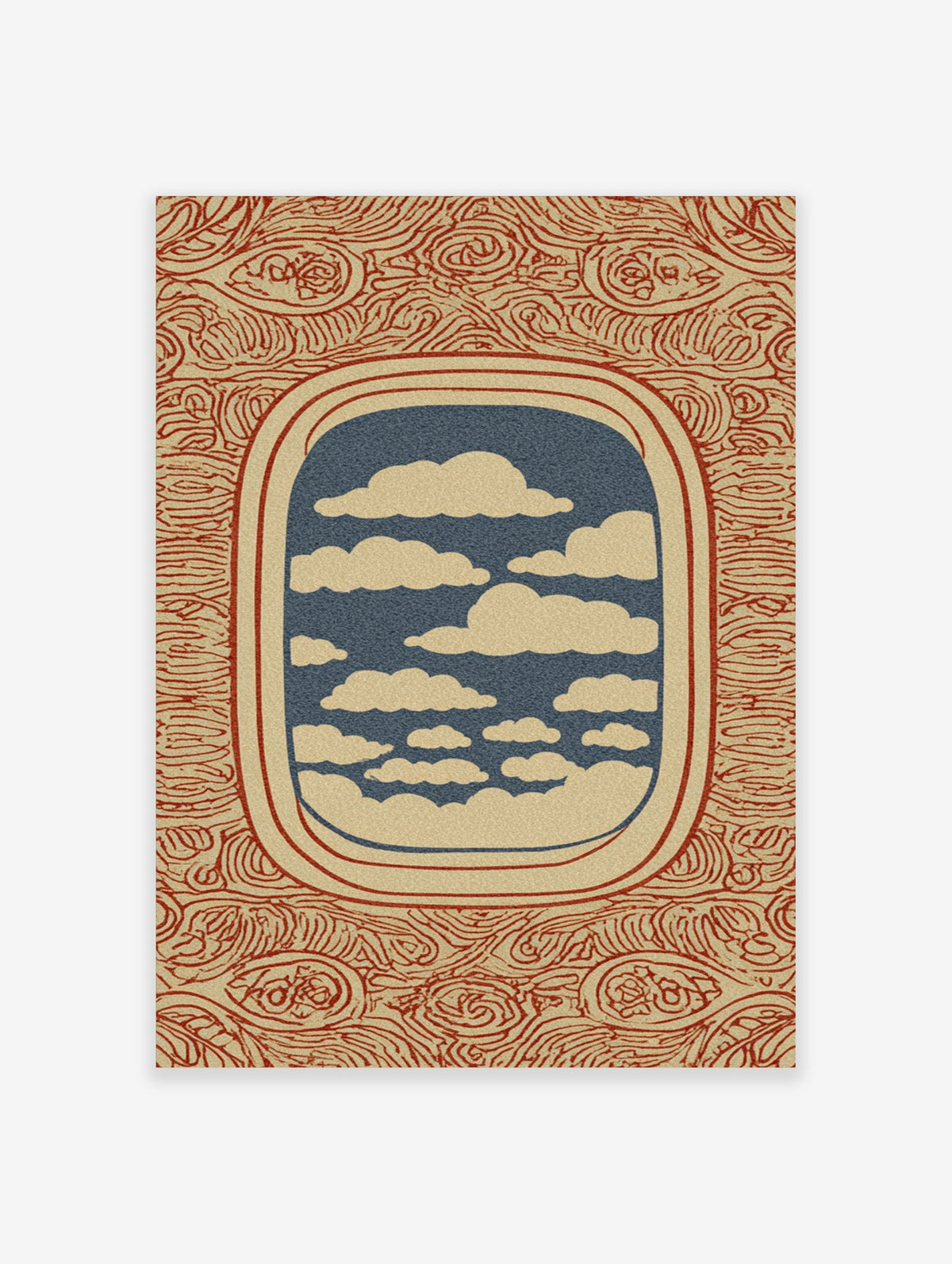 Airplane window wall art with blue sky, cream clouds, and red line patterns