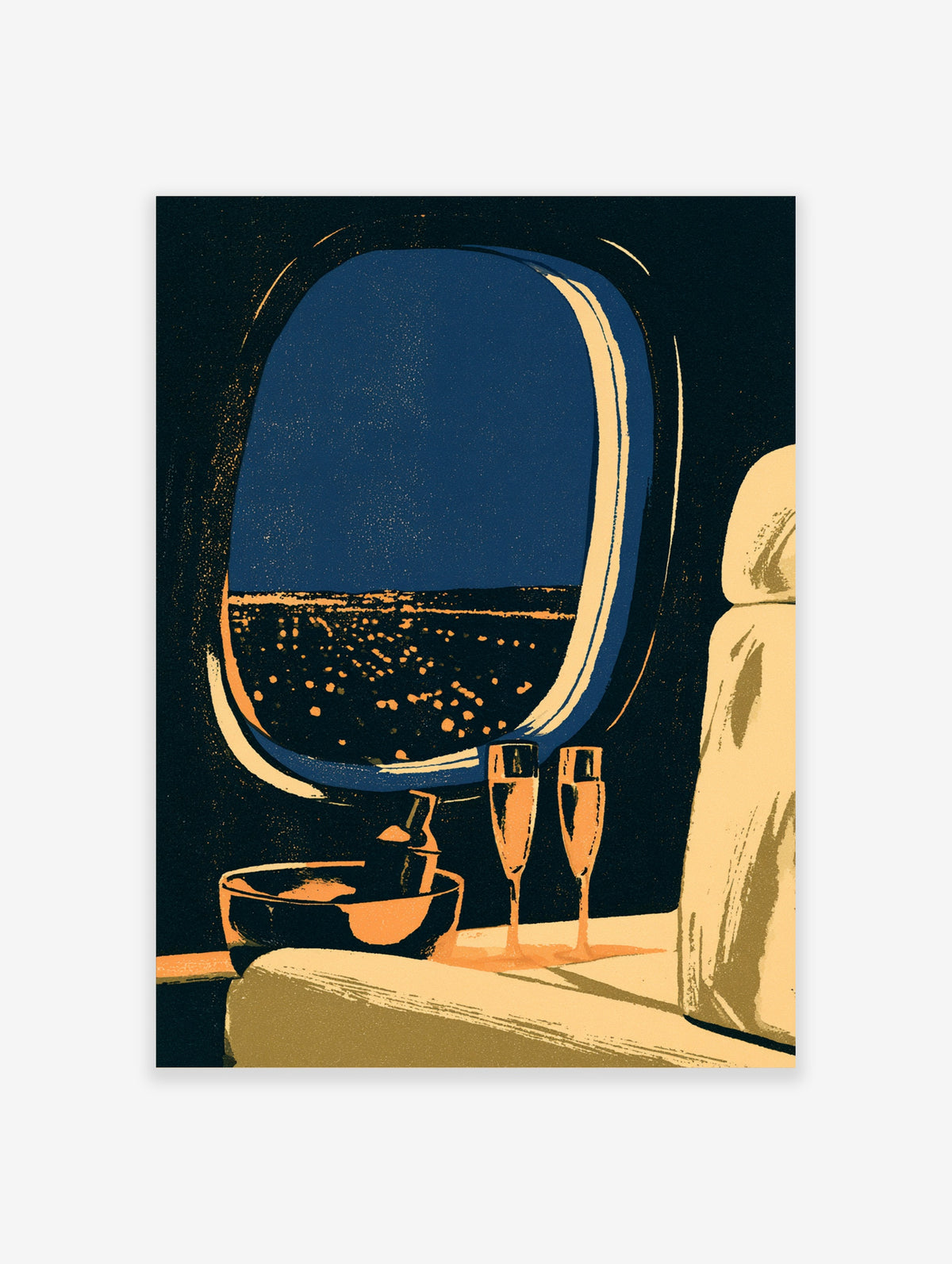 Airplane window night view poster with city lights, champagne flutes, and dark blue sky