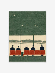 Vintage linocut illustration of five men on red seats in an airport, looking at planes on tarmac