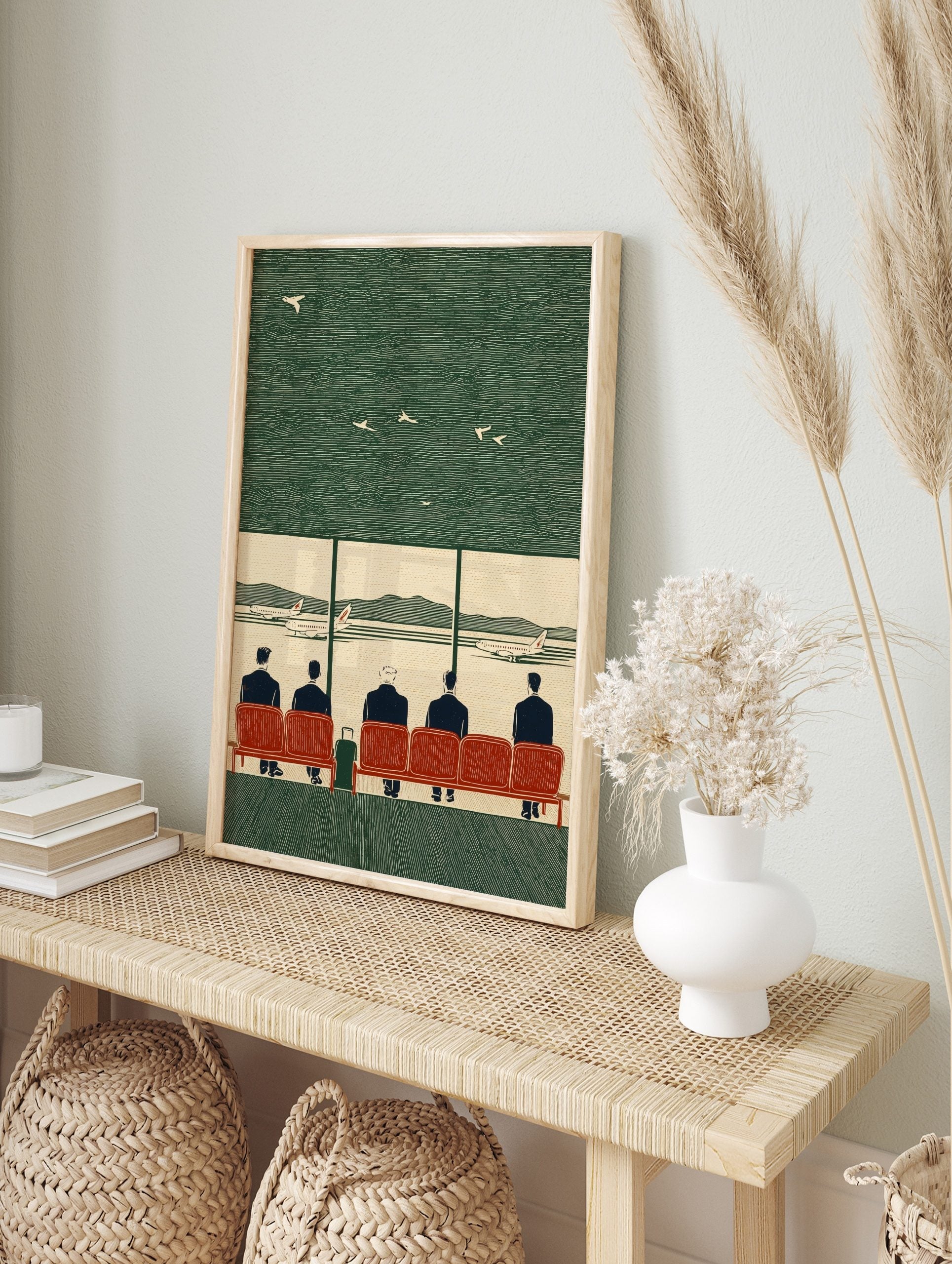 Vintage linocut illustration of five men on red seats in an airport, looking at planes on, in an alternate framed mockup