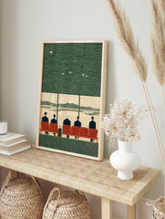 Vintage linocut illustration of five men on red seats in an airport, looking at planes on, in an alternate framed mockup