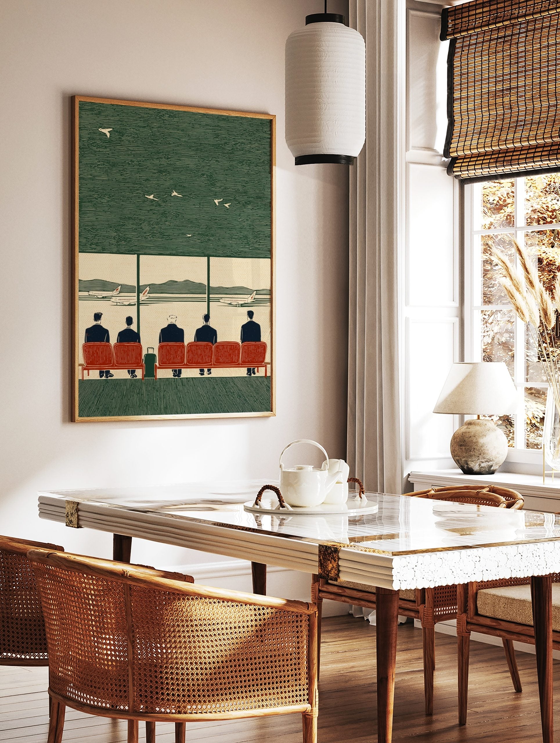 Vintage linocut illustration of five men on red seats in an airport, looking at planes on tarmac, in a styled room mockup