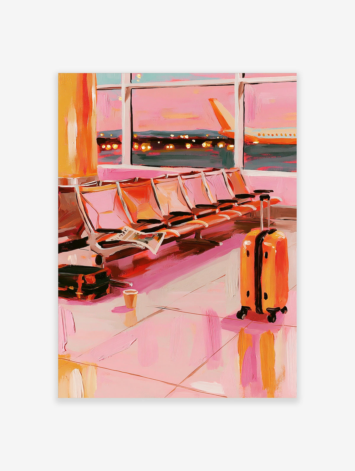 Pink airport lounge painting with orange suitcase and plane window, travel art print