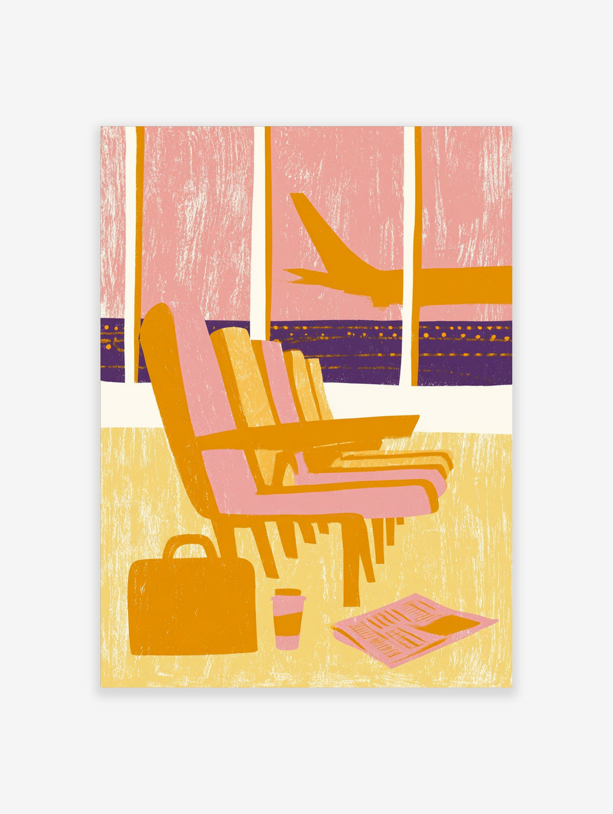 Airport lounge illustration with pink chairs, orange suitcase, coffee cup, and plane through window