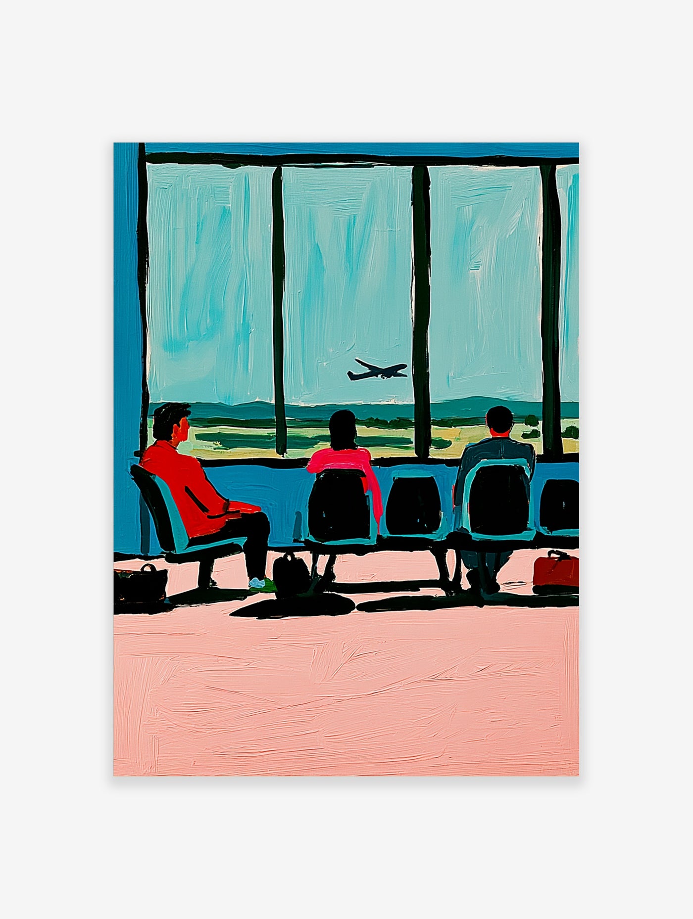 Airport lounge poster with three people watching a plane take off through large windows, teal sky and pink floor