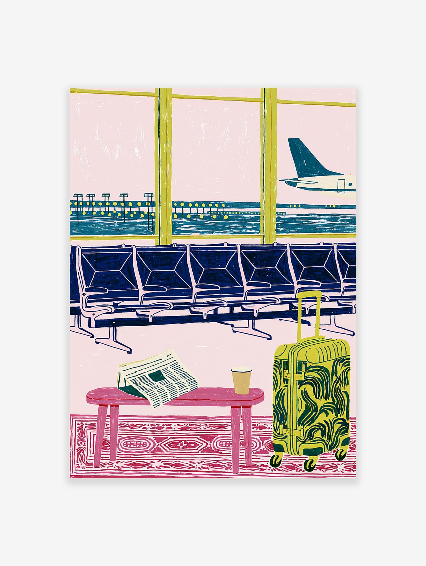 Airport lounge illustration with pink sky, teal airplane, yellow suitcase, and newspaper